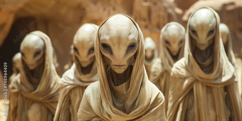 Naklejka premium Group of alien, science fiction of extraterrestrial invasion, visit of the greys, conspiracy of paranormal civilization 