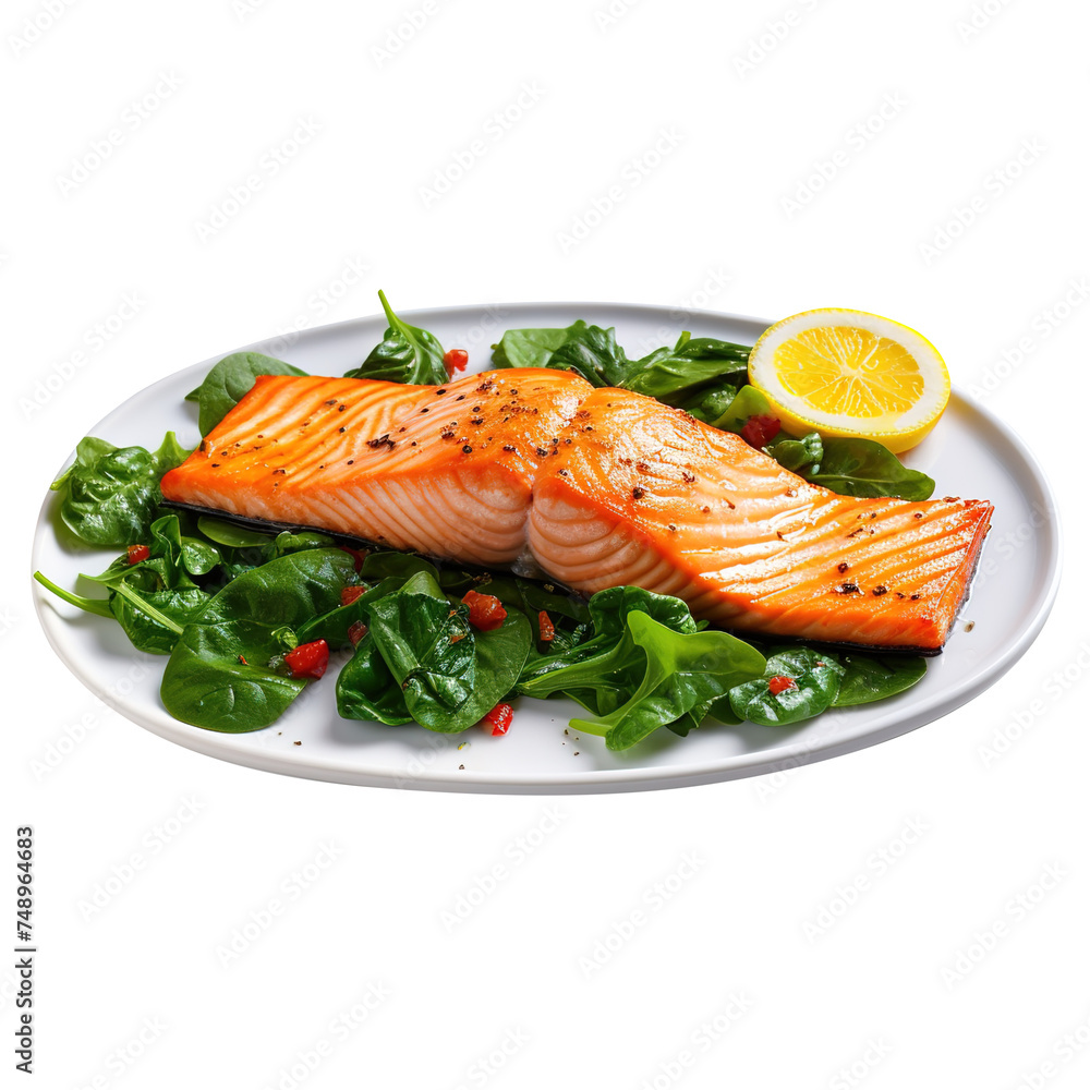 grilled salmon with lemon and parsley on plate on transparent background, clipping path, png, grilled salmon with lemon and parsley on plate on transparent background, clipping path, png,