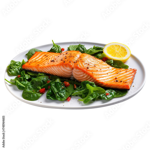 grilled salmon with lemon and parsley on plate on transparent background, clipping path, png, 