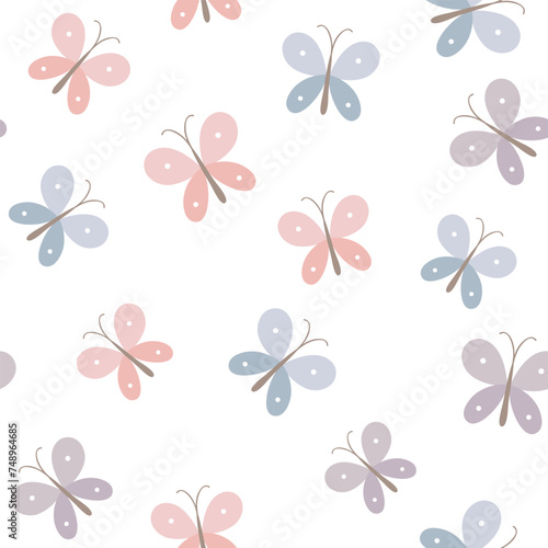 Cute seamless butterflies pattern. Vector illustration isolated on white background. It can be used for wallpapers, wrapping, cards, patterns for clothes and other.
