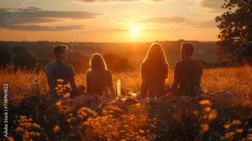a group of people are sitting in a field at sunset © yuchen