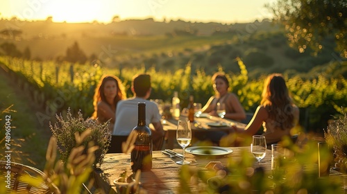 a group of people are sitting at a table in a vineyard drinking wine