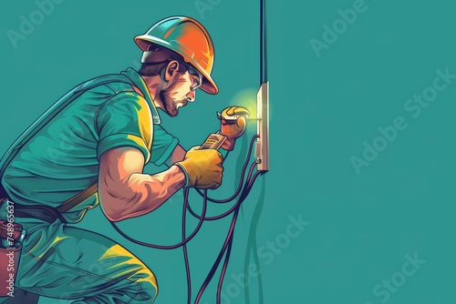 Electrician working on a residential installation - Illustrative depiction of an electrician in safety gear working diligently on a wall-mounted electrical panel