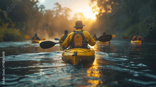 a group of people are kayaking down a river at sunset