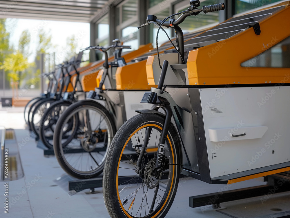 A Photo Of An Electric Cargo Bike Fleet For Urban Deliveries Parked And ...