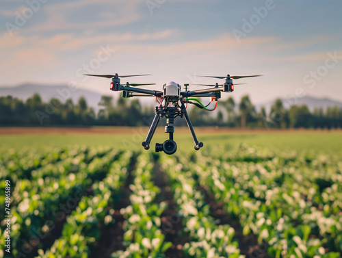 A Photo Of A Smart Agricultural Drone Flying Over A Field Monitoring Crop Health And Optimizing Water Usage For Sustainability