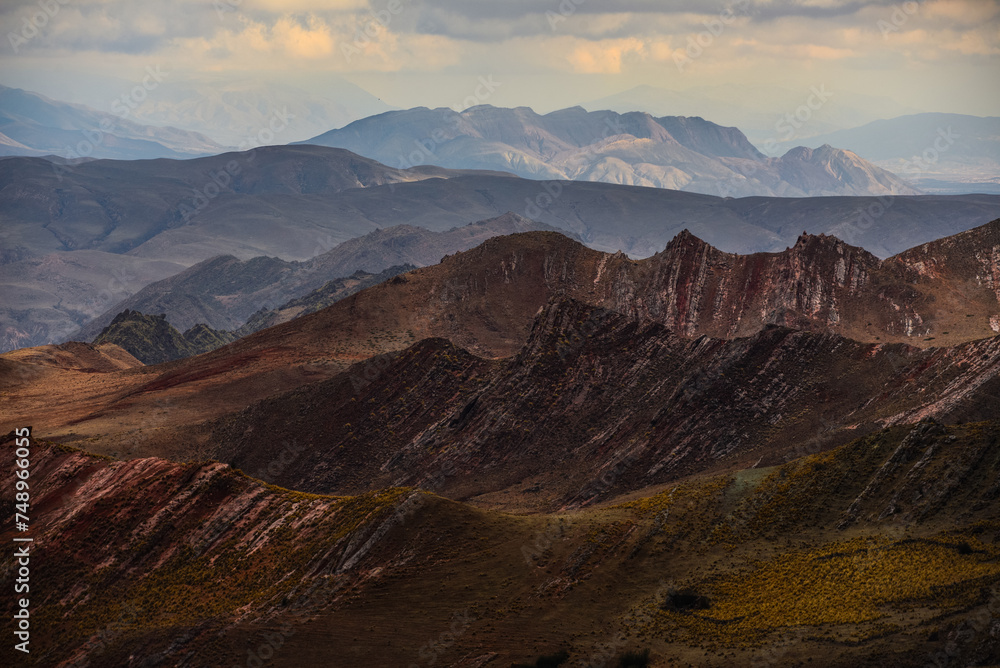 A high angle view of the rugged Andean landscape of the Valle Encantado, or Enchanted Valley, Cuesta del Obispo, Salta Province, northwest Argentina.