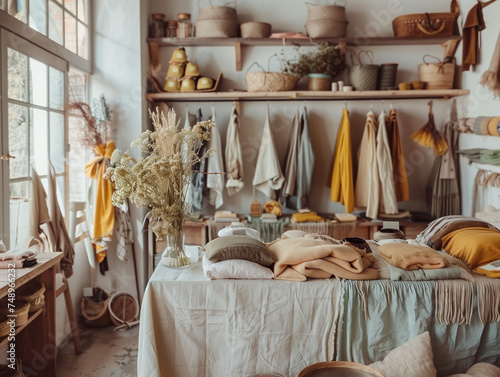 A Photo Of An Eco-Friendly Fashion Workshop Where Designers Use Upcycled Materials And Natural Dyes To Create Sustainable Clothing Lines