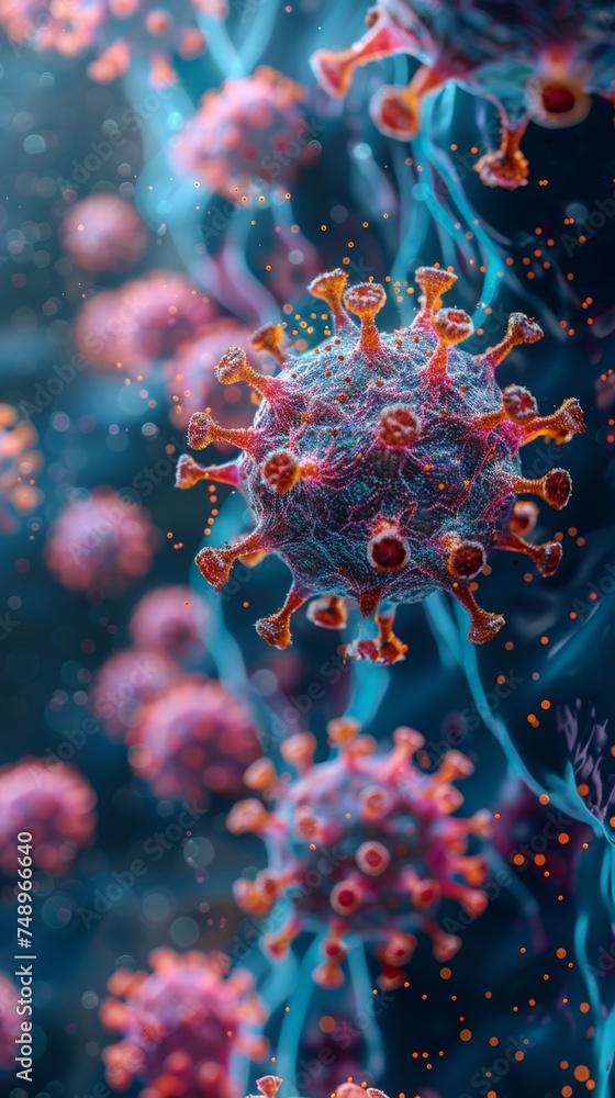 Photo realistic detailed close up of dense colony of viruses inside cell wall Photo realistic detailed close up of dense colony of viruses inside cell wall