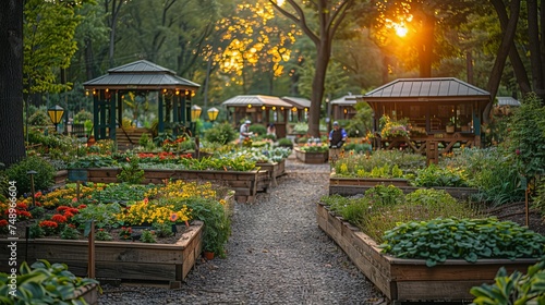 a garden filled with lots of plants and flowers with a gazebo in the background