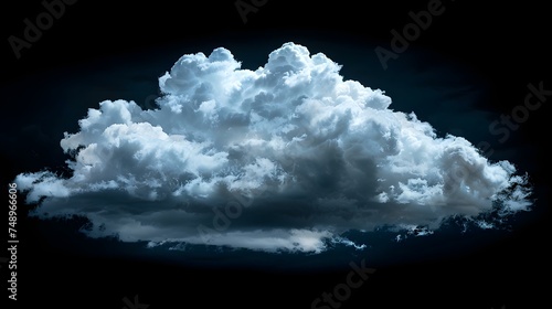 A serene dark atmosphere with a solitary white cloud gracefully floating. Concept Solitary White Cloud, Serene Atmosphere, Dark Scenery, Graceful Mood, Paradoxical Contrast