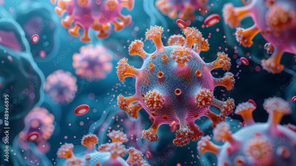 Photo realistic detailed close up of dense colony of viruses inside cell wall Photo realistic detailed close up of dense colony of viruses inside cell wall