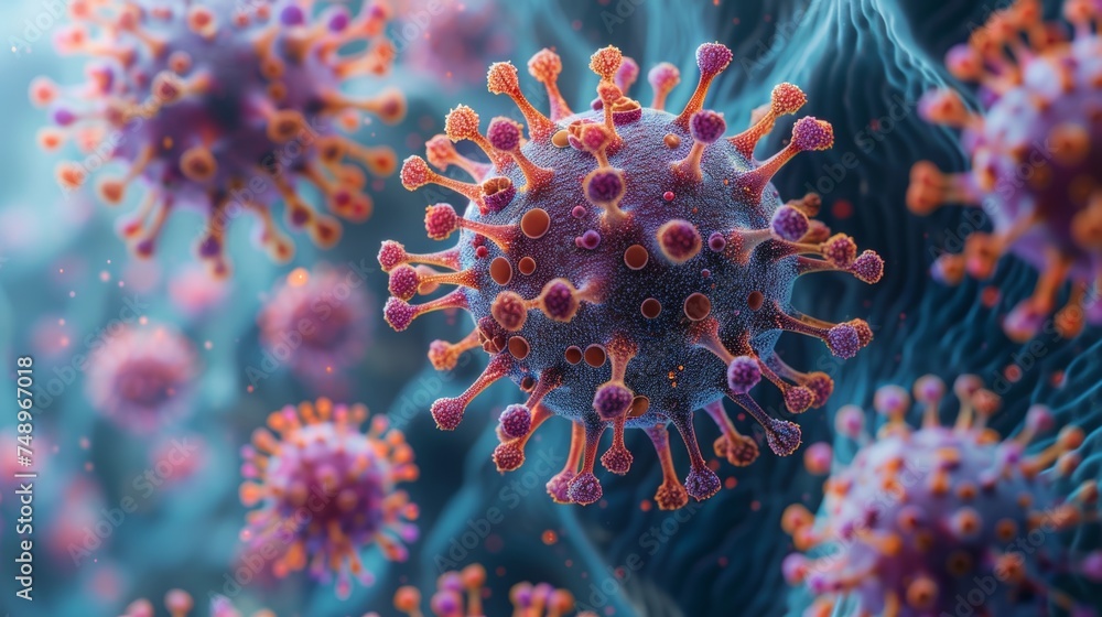 Photo realistic detailed close up of dense colony of viruses inside cell wall Photo realistic detailed close up of dense colony of viruses inside cell wall