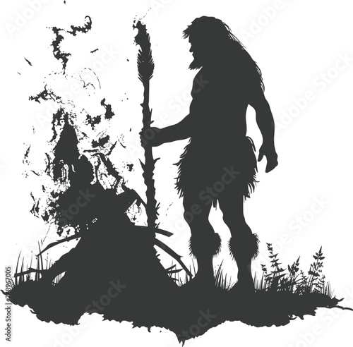 Silhouette ancient caveman in front bonfire black color only