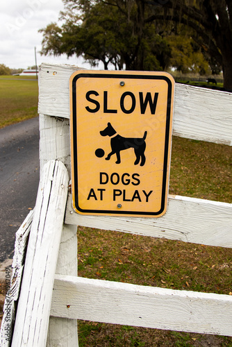 Slow Dogs At Play Yellow Sign on White Fence on Farm