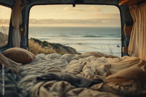 blankets inside of a van ,bed for overlooking the ocean