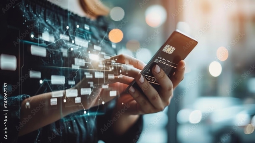 Close-up of a person's hands holding a smartphone with digital credit card display and holographic data, symbolizing mobile payment security and technology. Close-up of a person's hands holding a smartphone with digital credit card display and holographic data, symbolizing mobile payment security and technology.