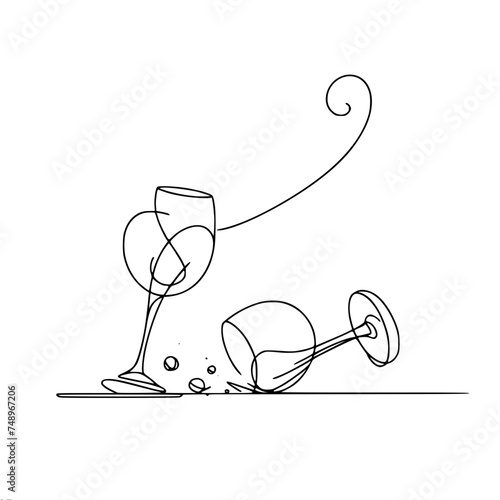 Wine glass fell and broke, wine spilled out, vector drawing, minimalistic black one line sketch isolated on white background