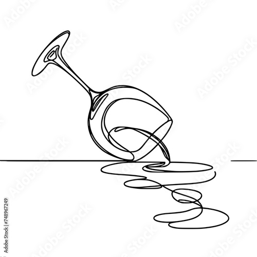 Wine glass fell and broke, wine spilled out, vector drawing, minimalistic black one line sketch isolated on white background