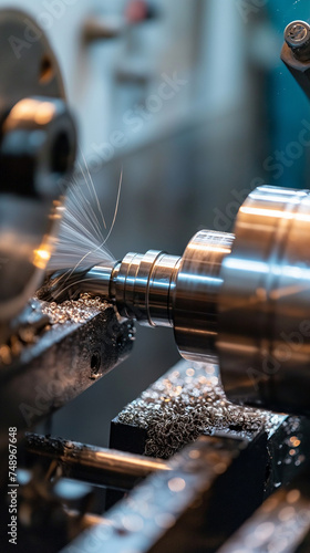 Modern Machining Process: CNC Lathe Precisely Turning a Metal Rod with Metal Shavings Spiral, Industrial Manufacturing of Metallic Components