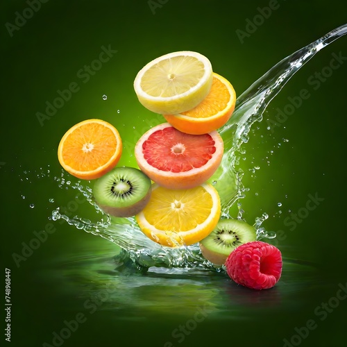 Sliced fruits containing vitamin C flying with  water splashes