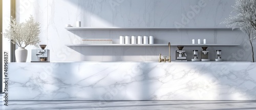 Blank white marble counter in modern luxury design cafe with cabinet sink grinder coffee up mok photo