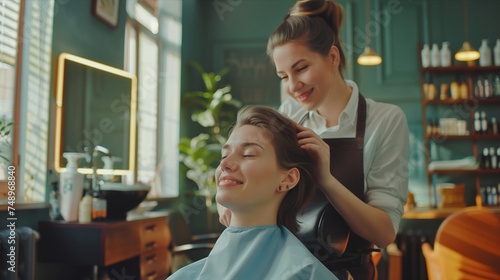 Caucasian woman cutting hair of customer in hair salon.