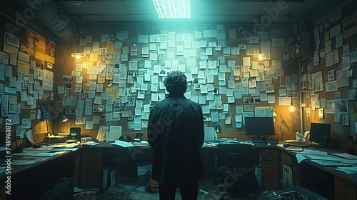 A man in a room filled with papers under electric blue lighting