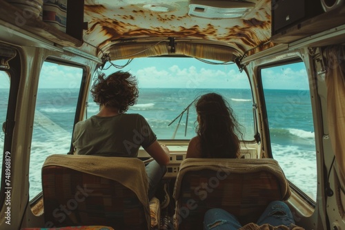 couple sitting inside of a van overlooking the ocean
