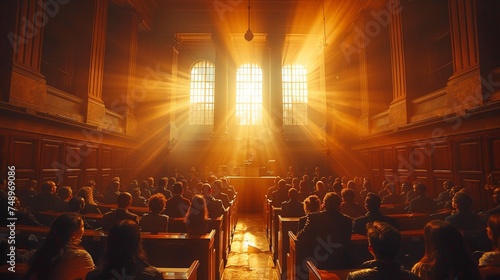 Many people gathering in a brightly lit church for an event photo