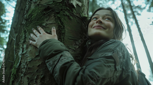 Caucasian woman hugging the trunk of a big tree in the forest.