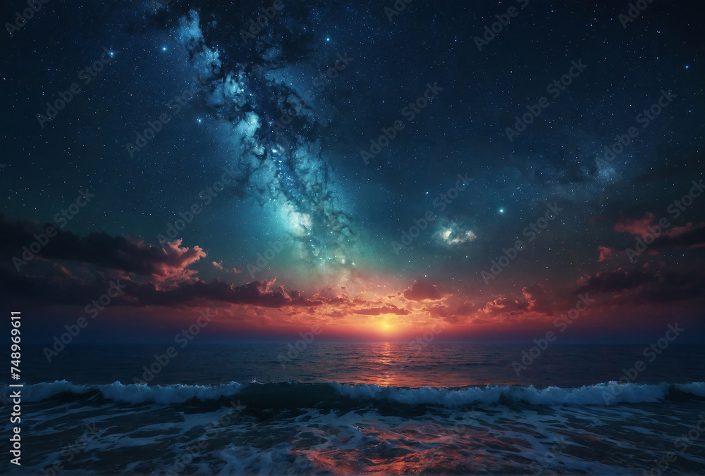 sunset over the ocean with a galaxy view and stars
