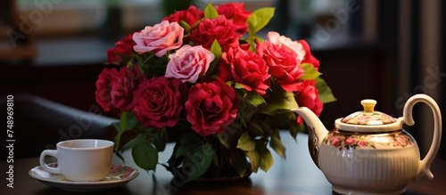 A decorative teapot sits on a table next to a teacup and saucer, with vibrant flowers blooming in the teapot. The setting is inside an apartment.