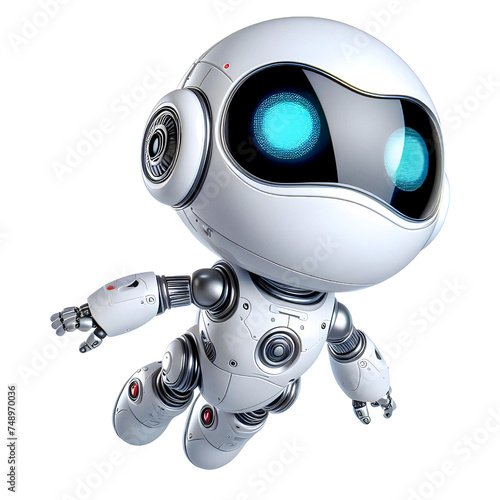 White cute robot in flying posture isolated on white background