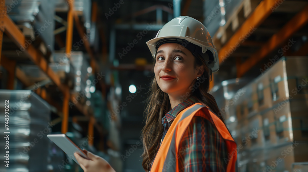 Caucasian woman using tablet to check goods in warehouse. Caucasian woman using tablet to check goods in warehouse.