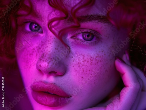 Redhead Woman Touching Face in Violet