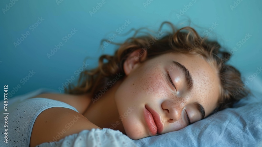 Obraz premium Young Woman Napping in Bed Blue Background