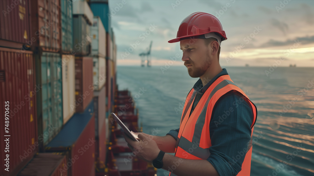 A Caucasian man is using a tablet to check goods on a container ship sailing at sea. A Caucasian man is using a tablet to check goods on a container ship sailing at sea.