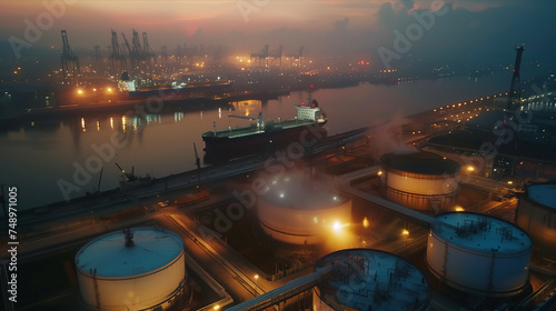 Aerial view of oil storage tanks, oil refinery at oil depot, transportation of fuel energy by tanker.