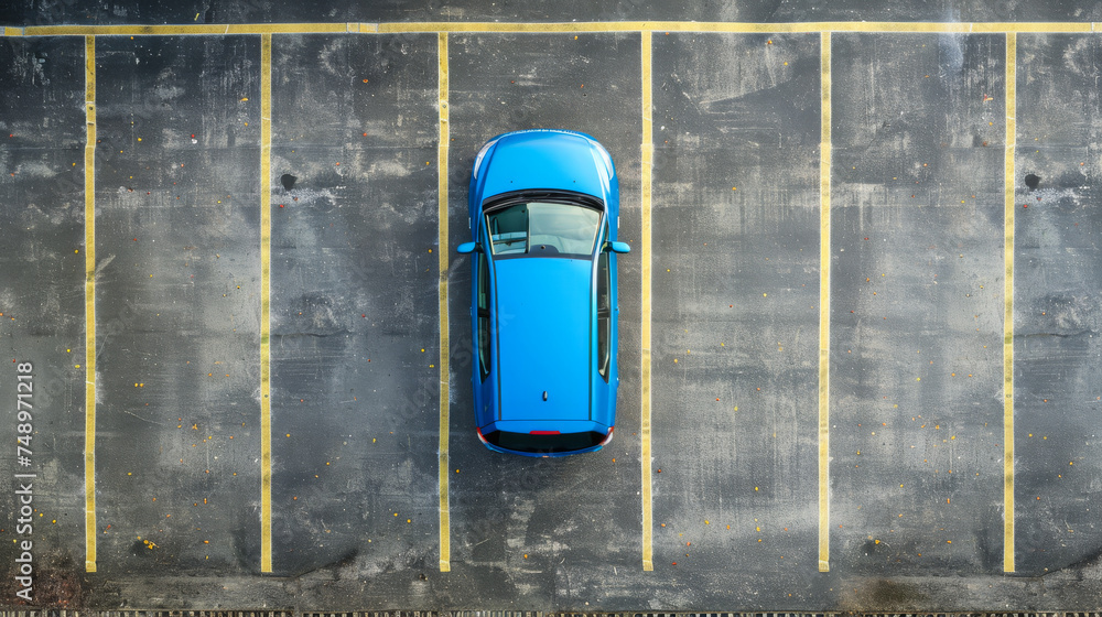 Blue car in an empty parking lot, aerial view. Parked car, top view.