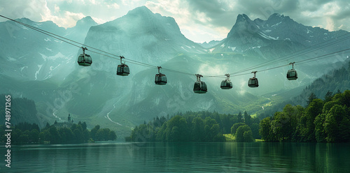 Scenic Alps Mountains View with Gondolas Over Serene Lake photo