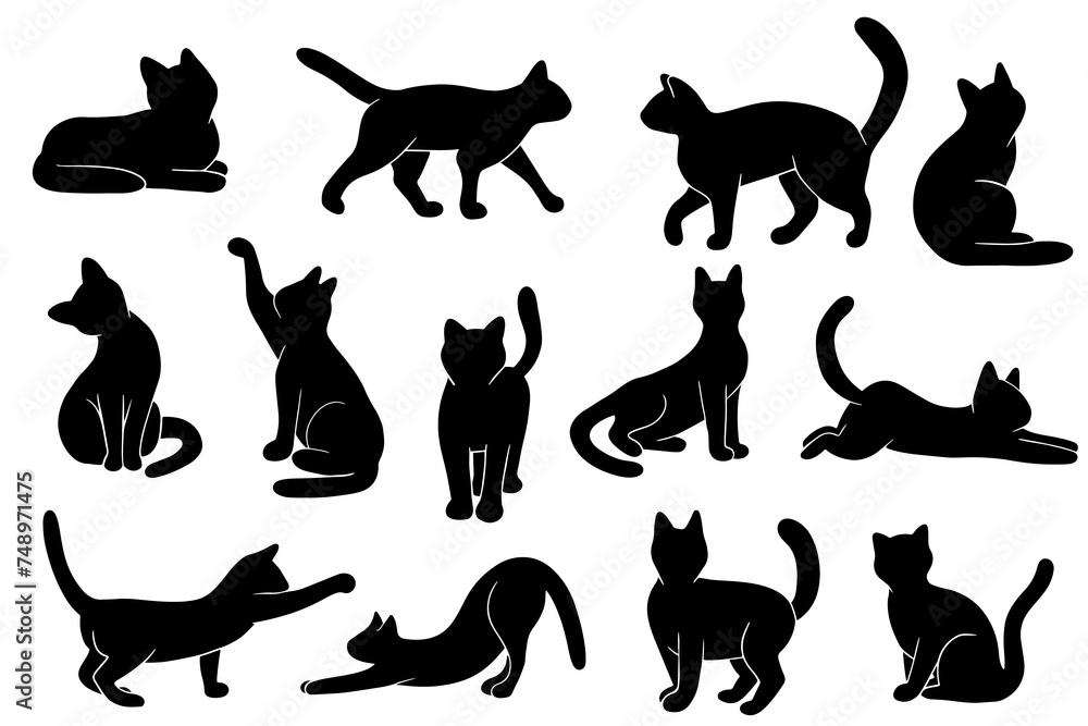 Cats silhouettes set. Cats in different poses. Vector illustration EPS10