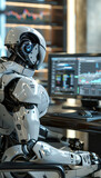 Futuristic Robot Investor Analyzing Data on Multiple Screens