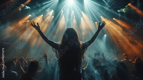 a woman is standing in front of a crowd at a concert with her arms in the air photo