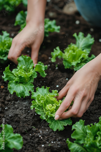 Closeup of hand planting lettuce seedlings in the ground at the garden.