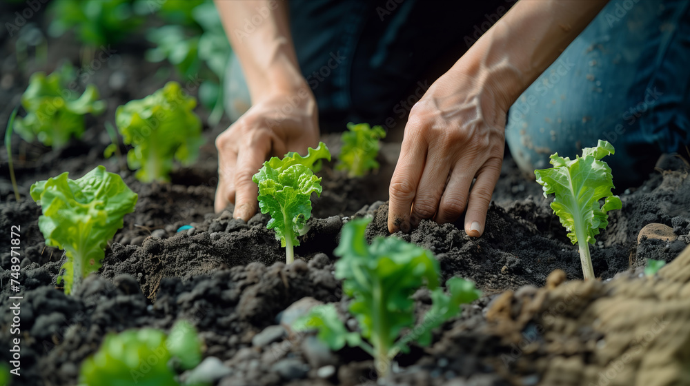 Closeup of hand planting lettuce seedlings in the ground at the garden. Closeup of hand planting lettuce seedlings in the ground at the garden.