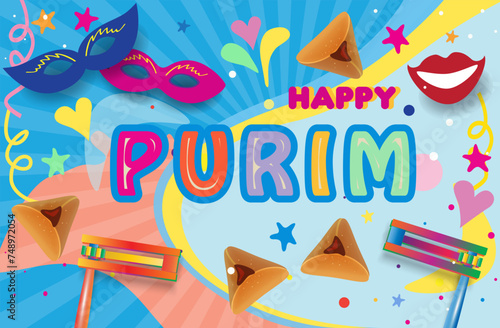 Happy Purim! Text Hebrew, Jewish holiday Purim carnival festival kids event decoration with traditional symbols isolated mask, noisemaker grogger, ratchet, Hamantaschen cookies, masque gifts star sign