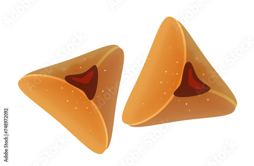 Happy Purim! Text Hebrew, Jewish holiday Purim carnival festival kids event decoration with traditional symbols isolated mask, noisemaker grogger, ratchet, Hamantaschen cookies, masque gifts star sign