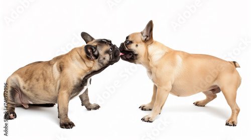 Two cute playful French Bulldogs puppy  playing with each other on a white background
