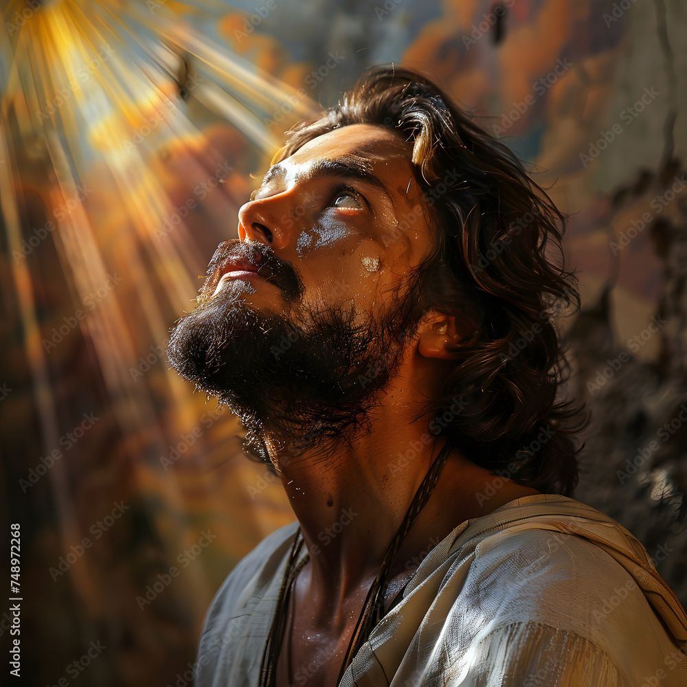 Jesus prays against the background of the sky with the rays of the dawn sun Jesus prays against the background of the sky with the rays of the dawn sun